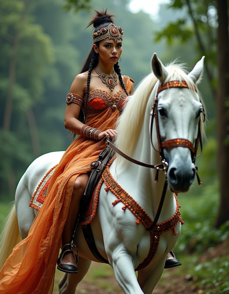 araffe woman in native dress riding on a white horse, a colorized photo by Ivan Ranger, tumblr, renaissance, on a horse, ride horse, with horse driven, riding horse, indian super model, horse warrior, indian, riding a horse, amazon indian peoples in brazil, native american, an all white horse, provocative indian, horse on top, indian warrior