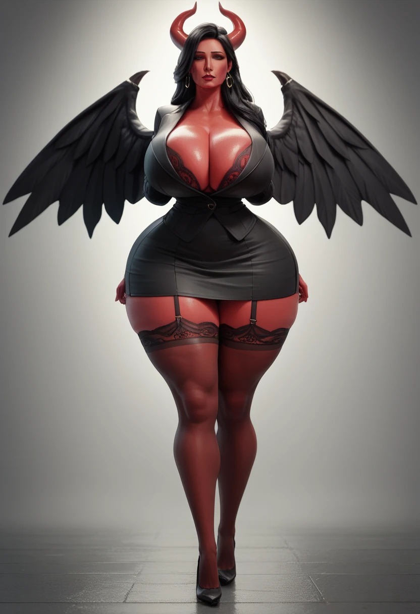 3d Milf,massive breasts,massive ass,wide hips,wears black coat,black skirt,heels,stockings,long hair,black hair,black wings,red skin female milf,horns,full body view