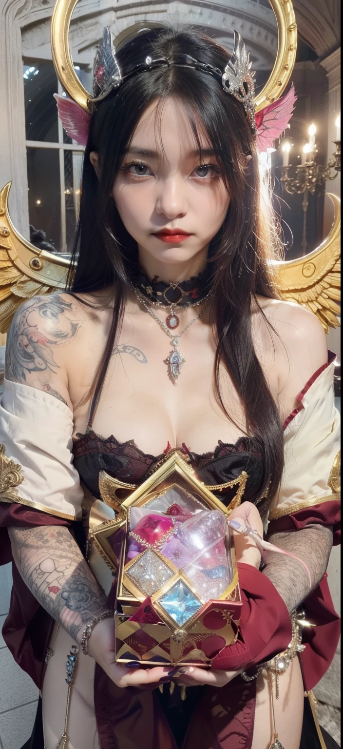NSFW style,Delicate luster,A box full of sword pictures,wing, Succubus theme,Fallen Angel,Excellent,scary,Secret phobia,moustache,With eyes,Mysterious Valley Effect,Blood Moon Beast,Skeleton,Hellfire,Demon Angel,Silver jewelry,Sapphire Eyes,Colorful makeup,Beautiful Demon Crown,Luxury diamond necklace,Queen of tattoos,Blue Student,