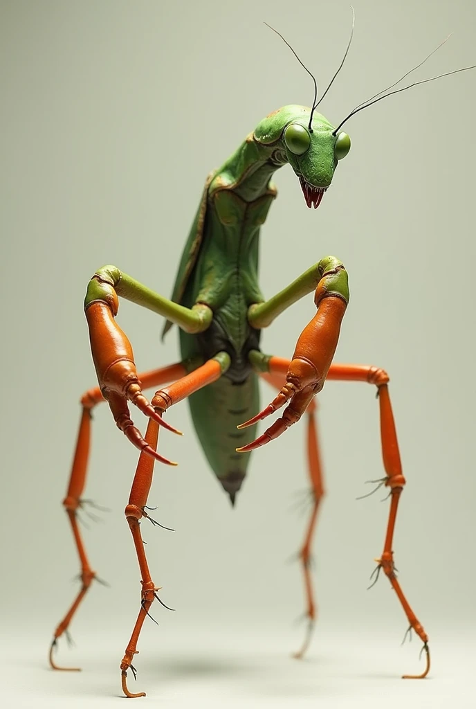 Draw a long, skinny insect, His whole body is green but with long, orange legs that are also bent, and have crab claws, and its face in the shape of a praying mantis The insect must have matte colors and be in an attack pose 