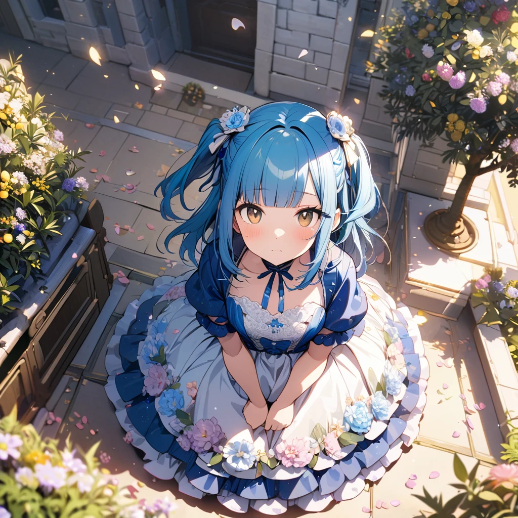 1 idol,solo,17yo,ultra-detailed face,detailed eyes,brown eyes,blunt bangs,blue hair,two side up,floral ball gown,wariza,Patent high heels,looking at viewer,sleepy,open pouth,rim light,outdoors flower garden,(fragrant olive tree),(petals:1.3),1 Clock tower,From above,highly detailed illustration,masterpiece,8K,top quality