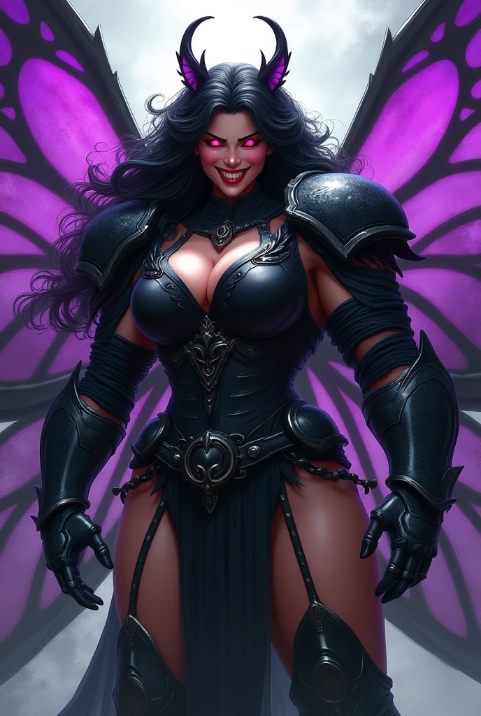 chubby Asian girl with black power hair, black armor with huge muscles on her arms and black armor with red eyes and evil smile with sharp teeth and huge purple butterfly wings on her back 