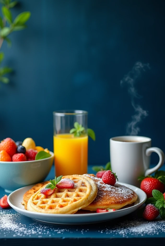 Healthy breakfast on dark blue table