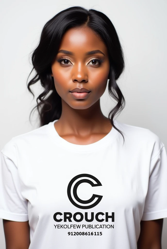 A beautiful Ethiopian woman wearing a large CROUCH YEKOLFEW Publication logo on a white t-shirt. Just below the logo is my phone number 0 9 2 2 0 8 6 1 0 5