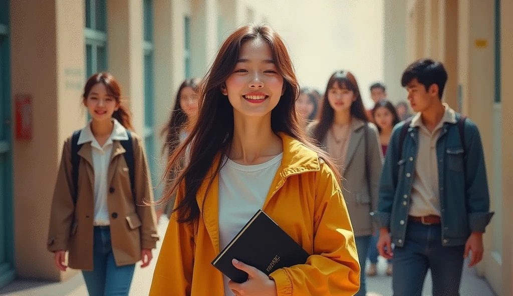A stunning oil painting of a young Korean woman, beautifully portrayed with a joyful and melancholic expression. She is standing amidst at her collage corridor, holding her degree, her friends stand close together to her, feeling happy for her. side view, wide angle, adding to the sense of unease. The painting exhibits a real-like, impressionistic style, with visible brushstrokes that create a sense of depth and texture. The color palette primarily consists of warm tone, evoking a light atmosphere.