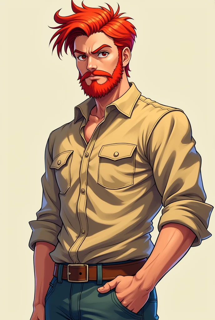 A red-haired man with a short red beard, wearing a not-so-fancy outfit, anime
