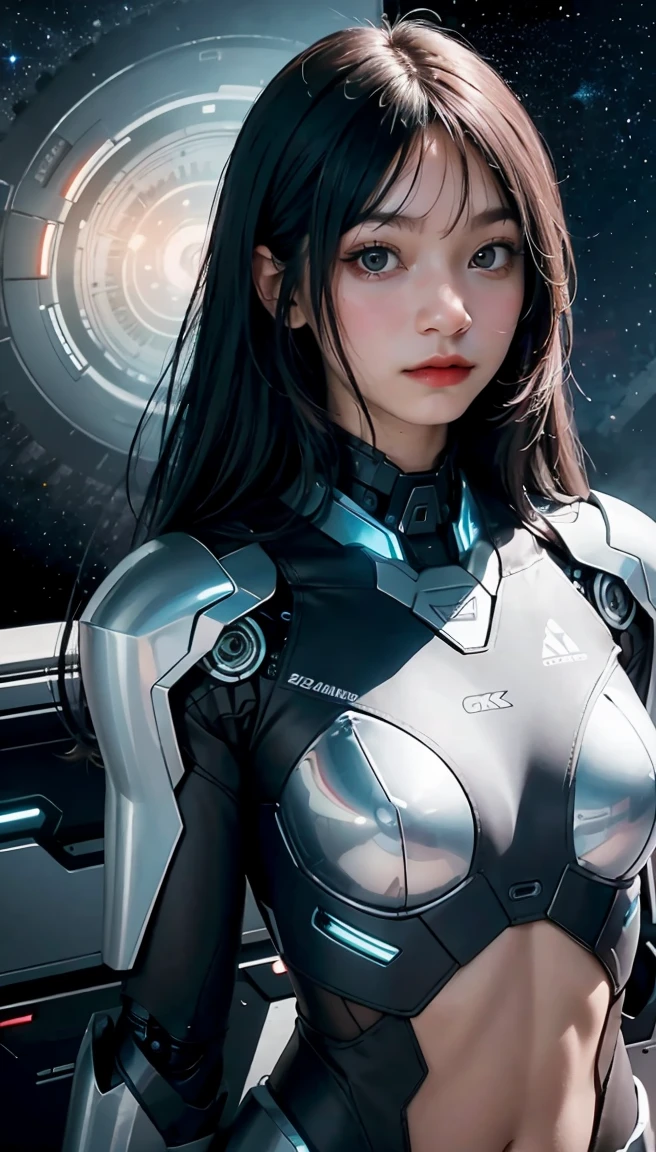 studio photo, beautiful woman perfect body half robotic half metal with iridescent black shimmering hair, standing alone, particles in the air, god rays, stars in the background, intricate fractals, detailed, (illustration) fragreality tech, universe, scifi, shattered warped reality , refractions, space time , clock, giga woman, silver glowing hair , strange fantasy image, odd glowing rocks, beautiful, detailed, long flowing hair, medium breasts, great skin texture