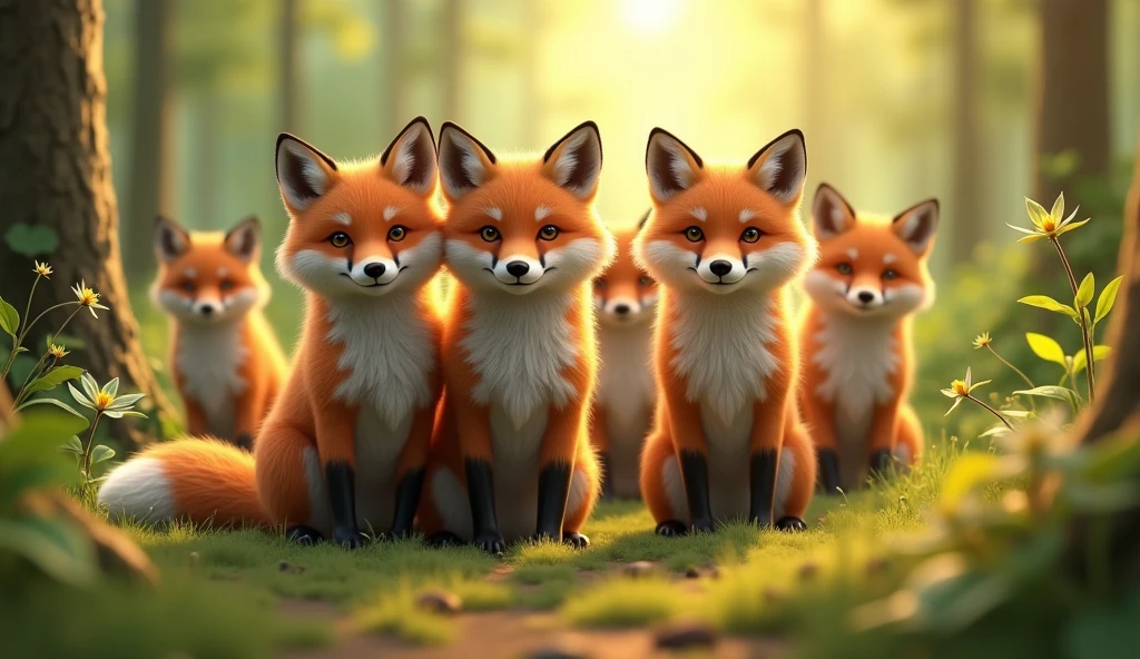 SEVERAL REAL FEARLESS FOXES AND SEVERAL REAL WOLVES IN HARMONY LOOKING AT THE CAMERA, HAPPY IN THE FOREST OF JOY