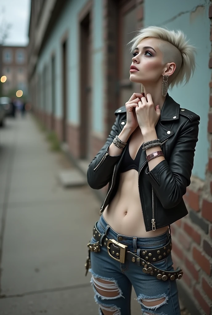 russian milf woman, biker gang member, platinum hair (ponytail with shaved sides), with very light blue eyes, extremely pale, heavy eye shadows.. without bandana. Thin. Sad, humbled face. Wearing black moto jacket with hanging belts and side pockets with zippers. Black push up bra, skinny dark blue jeans with holes and white tennis sneakers. Lots of metallic bracelets. Tacky wide belt with massive skull and bones buckle . Both hands caress her neck. Lots of rings. Wide loop earrings. Looks up with amazement because she thinks God is talking to her,