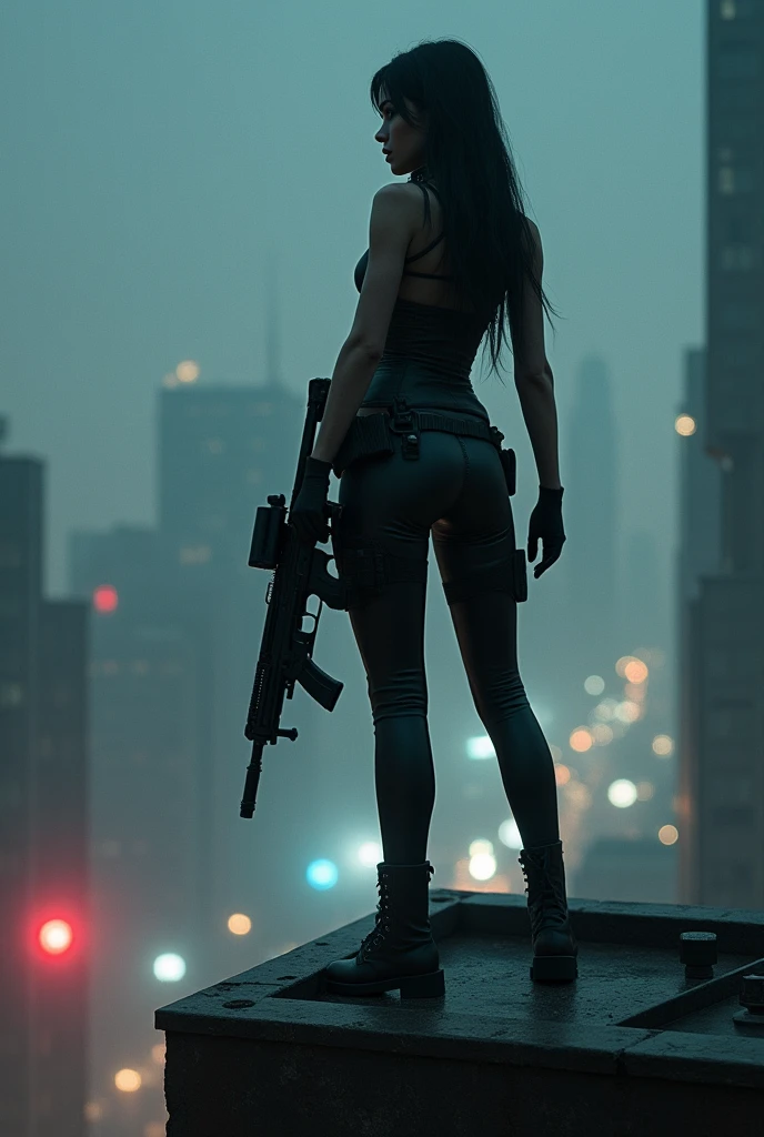 (masterpiece:1.2,best quality,Extremely detailed,Powerful backlight:1.3,contour:1.45),, , //Features, 1 solo female mercenary,Ghost in the Shell :1.2,,Overlooking the city.Black leather tights:1.2, Holding a huge anti-rifle (Winchester Williams .50),Standing posture,(Looking up:1.35), , //background, in Rooftop of a building at night background:1.2,,8K,Unreal Engine 5.Unite.Octane Renderer