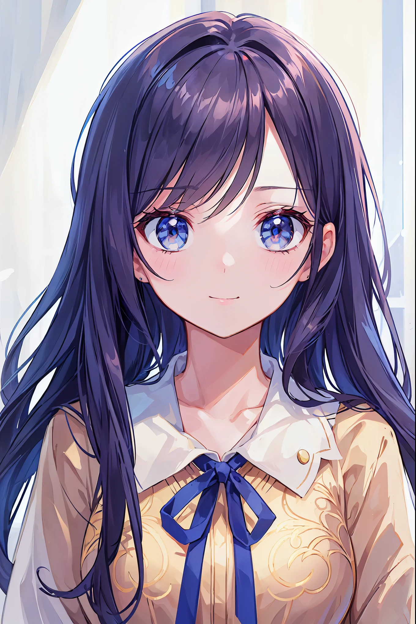 (high quality, Breathtakingly beautiful),(Expressive eyes, Perfect Face) Portraiture, one person&#39;s, woman, alone, 成人woman, Mother, Year: Late 20s, Brown Hair, Heterochromia iris - left eye is brown、Light blue right eye, shoulder-length medium hair, White ribbon in hair, White headband in hair, Soft wavy hair, A kind smile, Hair removal, Side bangs, View your audience, Portraiture, Happy expression, Modern Fashion, V-neck short-sleeve blue shirt, Loose fitting blouse, Off-the-shoulder coat, Black jeans, Small Necklace, elegant, mature, Height 5"6, Haruhi Suzumiya style hairstyle，Brown Hair，Shortcuts，Messy Hair，Slender beauty，Small chest，Beautiful feet，