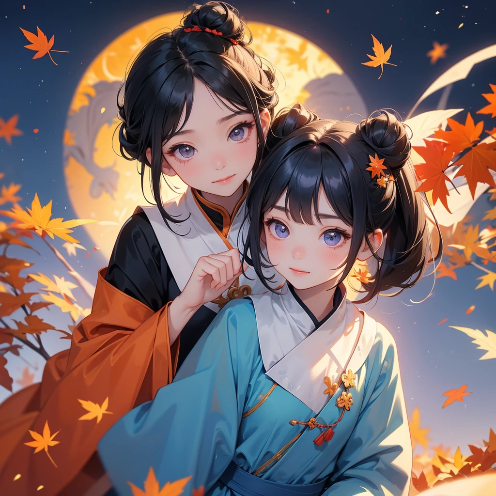A chibi girl had a small face and Wearing blue little Taoist priest's outfit. A pair of big round eyes shone with curiosity about him. her hair is black with two buns on her hair.small chibi, chibi baby, smiling.
The little chibi baby looked up with his chest raised, and his face was old and proud.
The backdrop is a mountain that turns orange-red in spring, and maple leaves fall from the trees.