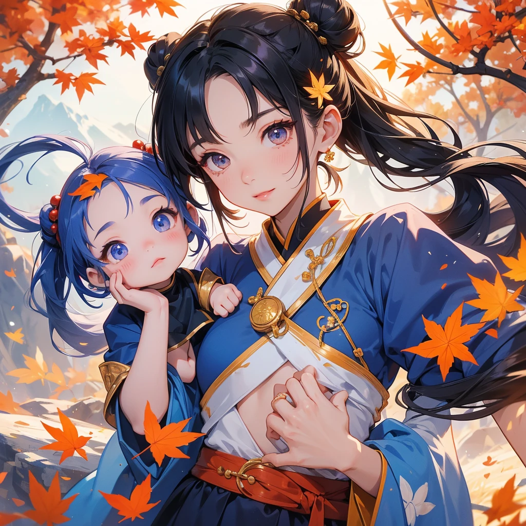A chibi girl had a small face and Wearing blue little Taoist priest's outfit. A pair of big round eyes shone with curiosity about him. her hair is black with two buns on her hair.small chibi, chibi baby, smiling.
The little chibi baby looked up with his chest raised, and his face was old and proud.
The backdrop is a mountain that turns orange-red in spring, and maple leaves fall from the trees.