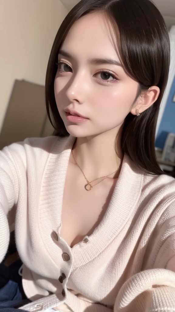 High resolution, masterpiece, accurate, Anatomically correct, Winner of numerous awards, Highest quality, Damaged, High detail, High-resolution model, Retina, Very detailed, Textured skin, Ultra high definition, Background blur, movieの光効果, Chiaroscuro, movie, movie撮影,
(Super big breasts:1.5、大きなCleavage:1.3), Sparkling under-eye bags、Red glitter eye makeup, From feet to head、(Fluorescent light pink lipstick:1.3, Japanese jirai Type Girl :1.2, jirai type makeup:1.2, jirai type fashion:1.5), Japanese underground Idols、Japanese Instant Glamour、Japanese TikTokers, age Girl、
masterpiece, Highest quality, Browsing Caution, Faceless woman,
one person's, (Hand Pull, I pulled it myself, Pulling on clothes, Pulling on shirt:1.2), Open cloth, profile, Embarrassing, blush, ((Sweat,vapor,Vulgar face、Ahegao:1.2),
break cute, Heart Necklace, Huge breasts, 近い your eyes,
break school uniform, Collared shirt, Navy Mini Skirt, Wear a cardigan,
break (Unbuttoned light brown cardigan), Sleeves are longer than the wrist, Cleavage, clavicle, White socks,
classroom, From head to toe、
One person, solo, Long Hair, blushする, Open your mouth, Sticking out tongue,