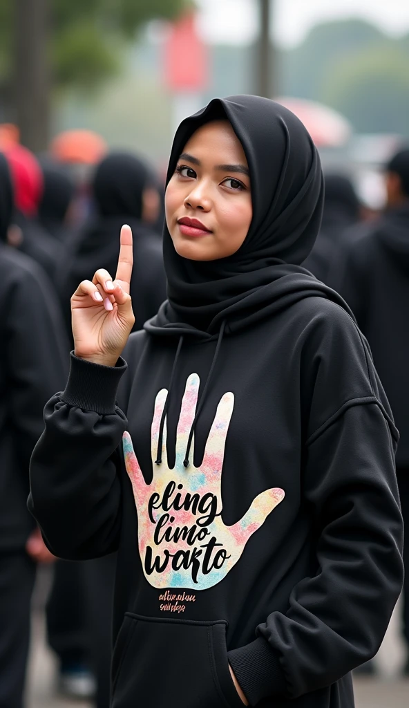 A indonesian pretty woman, wearing a hoodie with a strong vector design featuring a silhouetted image of a five-fingered palm in black colour with love and light. The phrase "ELENG LIMO WAKTU" is displayed in bold simple elegand, distressed typography with pastel colours, while holding her hoodie, wearing hijab, one-handed pose pointing upwards, in a public place, surrounded by many men, model, jav idol, with a frontal shooting angle, very realistic, (complex detail: 0.9), (hdr, hyperdetail: 1.2), RAW, Sony Alpha a9 II, 24-105mm f/4, HDR,