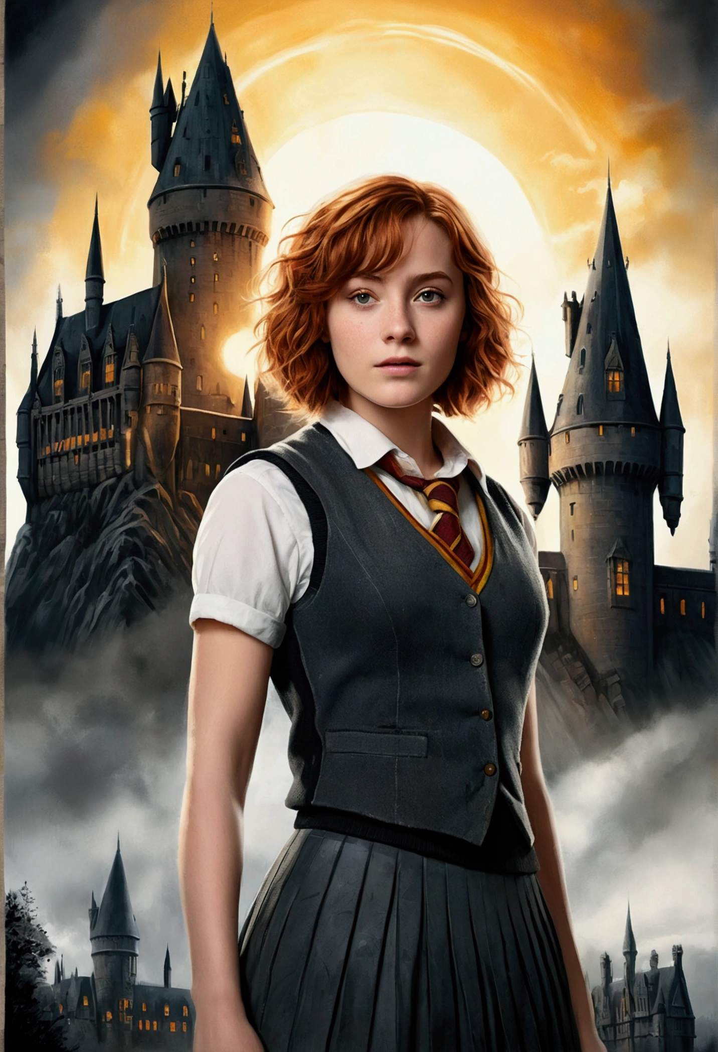 An illustrated movie poster, hand-drawn, full color, a female Hogwarts student, wearing a charcoal vest and a pleated skirt, tall, toned, amazonian stature, athletic hourglass figure, auburn hair, curly bob cut, flushed sun-kissed complexion, freckles, standing in front of Hogwarts Castle, surrounded by mist, graphite shading, stencil marks, airbrushed acrylic paint, masterpiece, in the Deathly Hallows