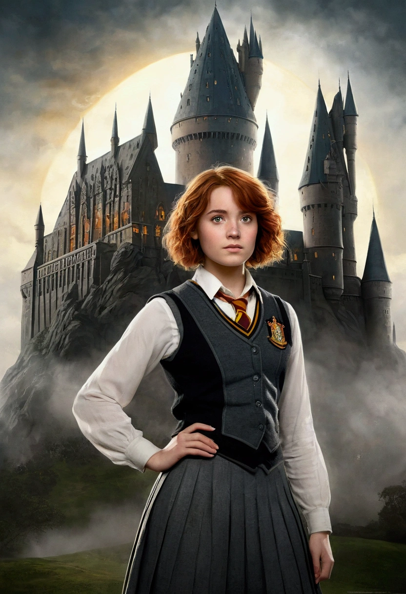 An illustrated movie poster, hand-drawn, full color, a female Hogwarts student, wearing a charcoal vest and a pleated skirt, tall, toned, amazonian stature, athletic hourglass figure, auburn hair, curly bob cut, flushed sun-kissed complexion, freckles, standing in front of Hogwarts Castle, surrounded by mist, graphite shading, stencil marks, airbrushed acrylic paint, masterpiece, in the Deathly Hallows 