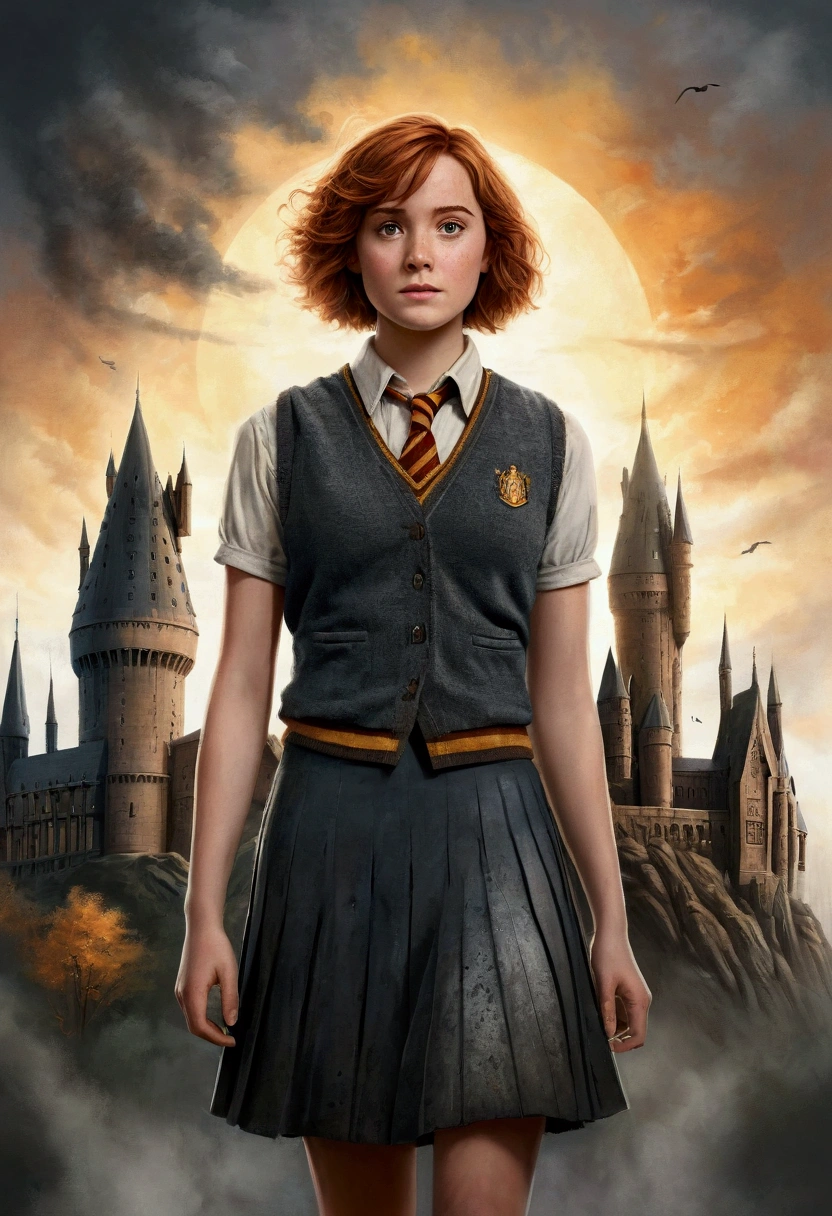 An illustrated movie poster, hand-drawn, full color, a female Hogwarts student, wearing a charcoal vest and a pleated skirt, tall, toned, amazonian stature, athletic hourglass figure, auburn hair, curly bob cut, flushed sun-kissed complexion, freckles, standing in front of Hogwarts Castle, surrounded by mist, graphite shading, stencil marks, airbrushed acrylic paint, masterpiece, in the Deathly Hallows