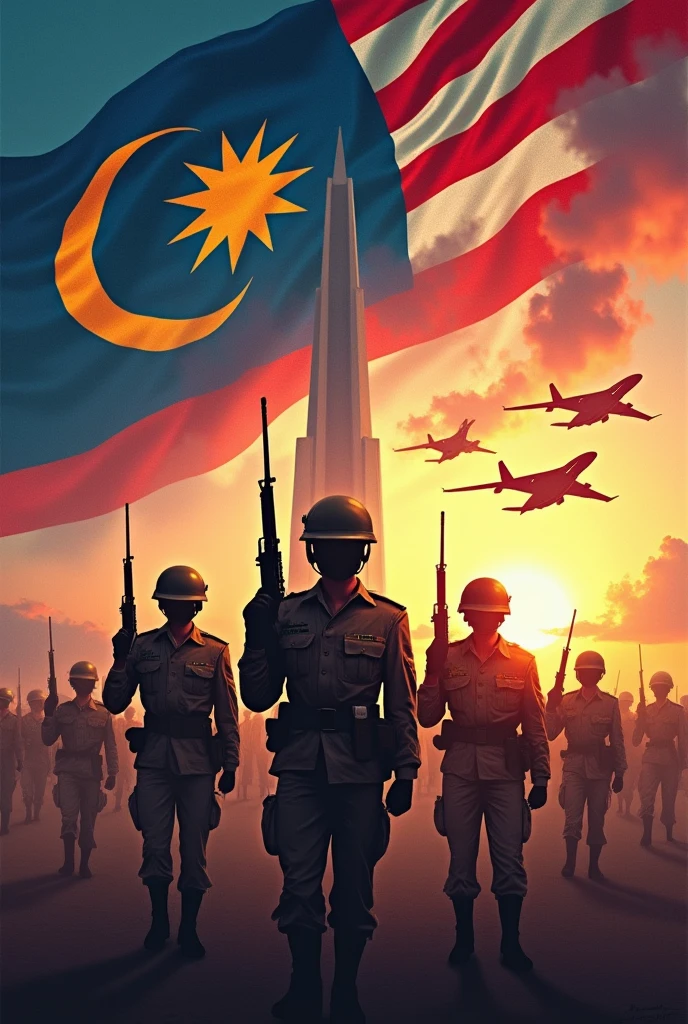 Independence theme poster "malaysia madani jiwa merdeka",atmosphere of war,flag of the glorious path, fighter jets,the color of the Malaysian flag,Malaysian army,National Monument
