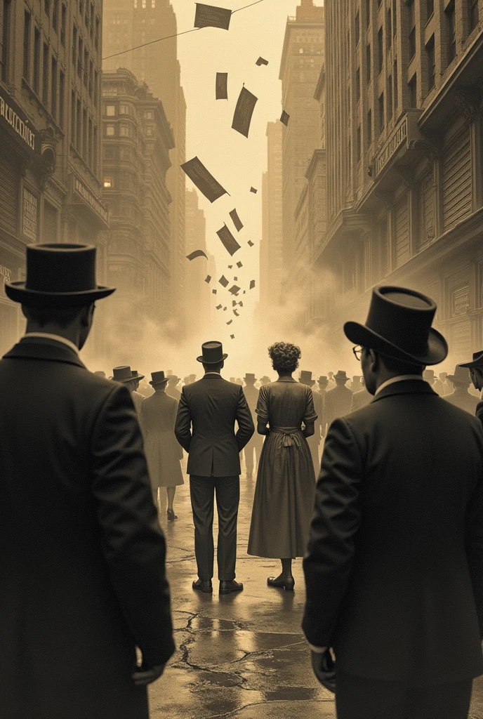 Create an image representing the economic crisis of 1929 with a dramatic depiction of the Great Depression. Show a stock market crash with people in vintage attire, such as suits and dresses from the 1920s, looking distressed as they watch stock ticker tapes in freefall. Include visual elements like long breadlines, shuttered storefronts, and people searching through trash bins for food. Use sepia tones and black-and-white effects to evoke the historical period, with a somber atmosphere to reflect the economic hardship and widespread despair of the era.