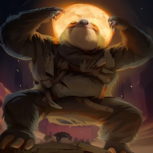 Please add full moon behind the giant sloth with silver collar and the big sloth is tearing yellow sweat parker with food  “Add a clear, silver full moon behind the large sloth, making it distinctly visible. The sloth is tearing through the yellow hoodie it was wearing, emphasizing its immense size and strength.”