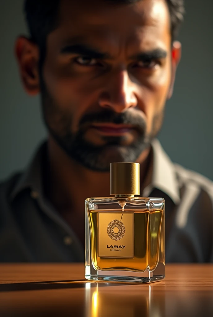 Rectangular perfume bottle with logo Neal's Perfumes and cylindrical golden cap . Mahender Singh Dhoni in background. 