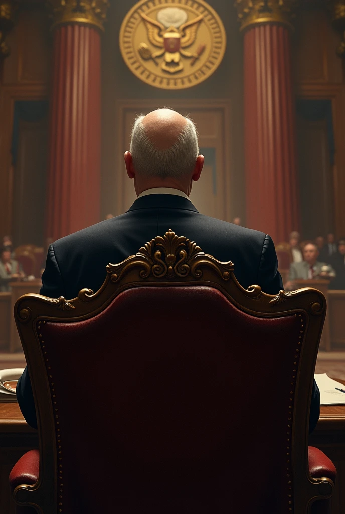 Old bald man from behind sitting on a presidential chair