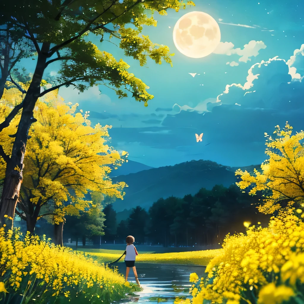 Sunlight，Rapeseed，Peach Blossom，Butterfly，Sea，forest，boy，Bright Moon