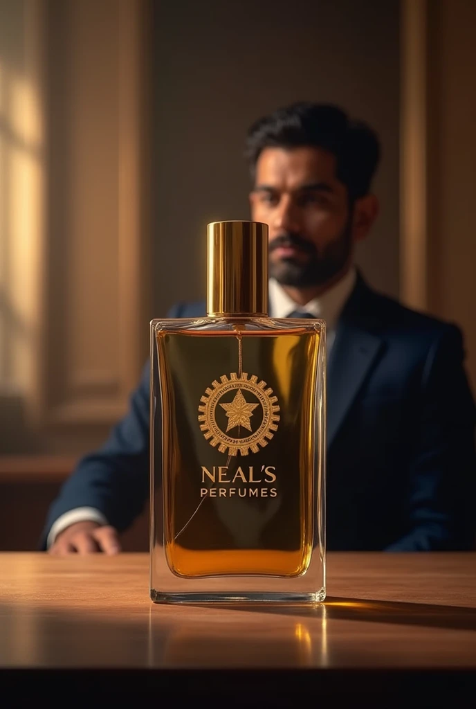 Rectangular perfume bottle with logo Neal's Perfumes and cylindrical golden cap . Mahender Singh Dhoni in background.
