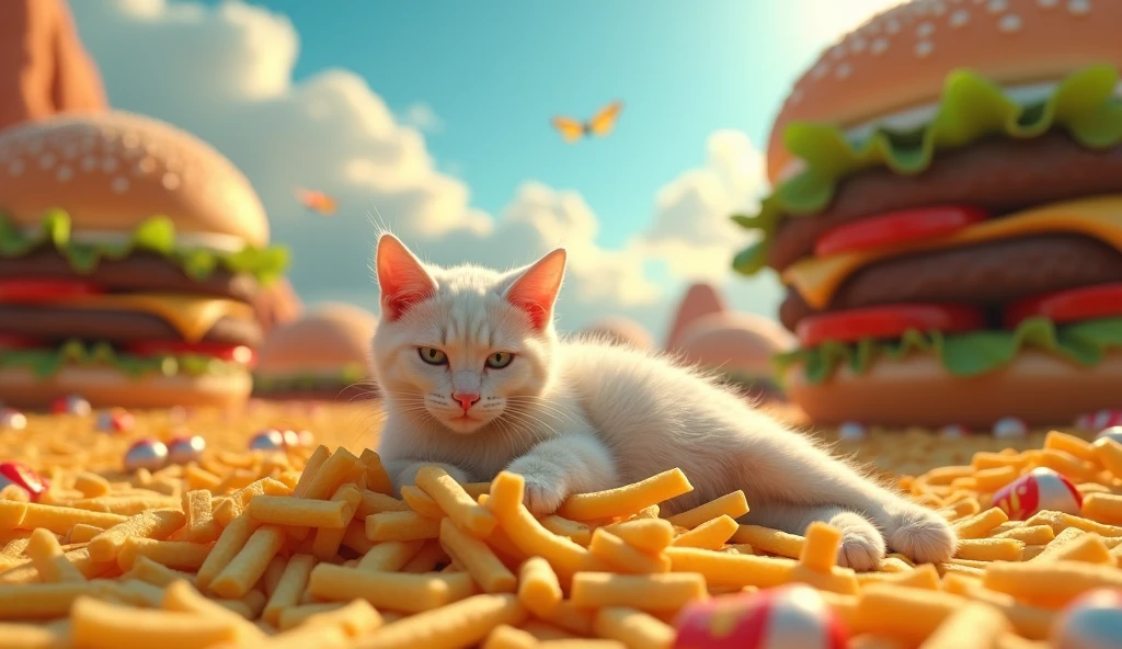 Cat lying on fries in a world of burgers