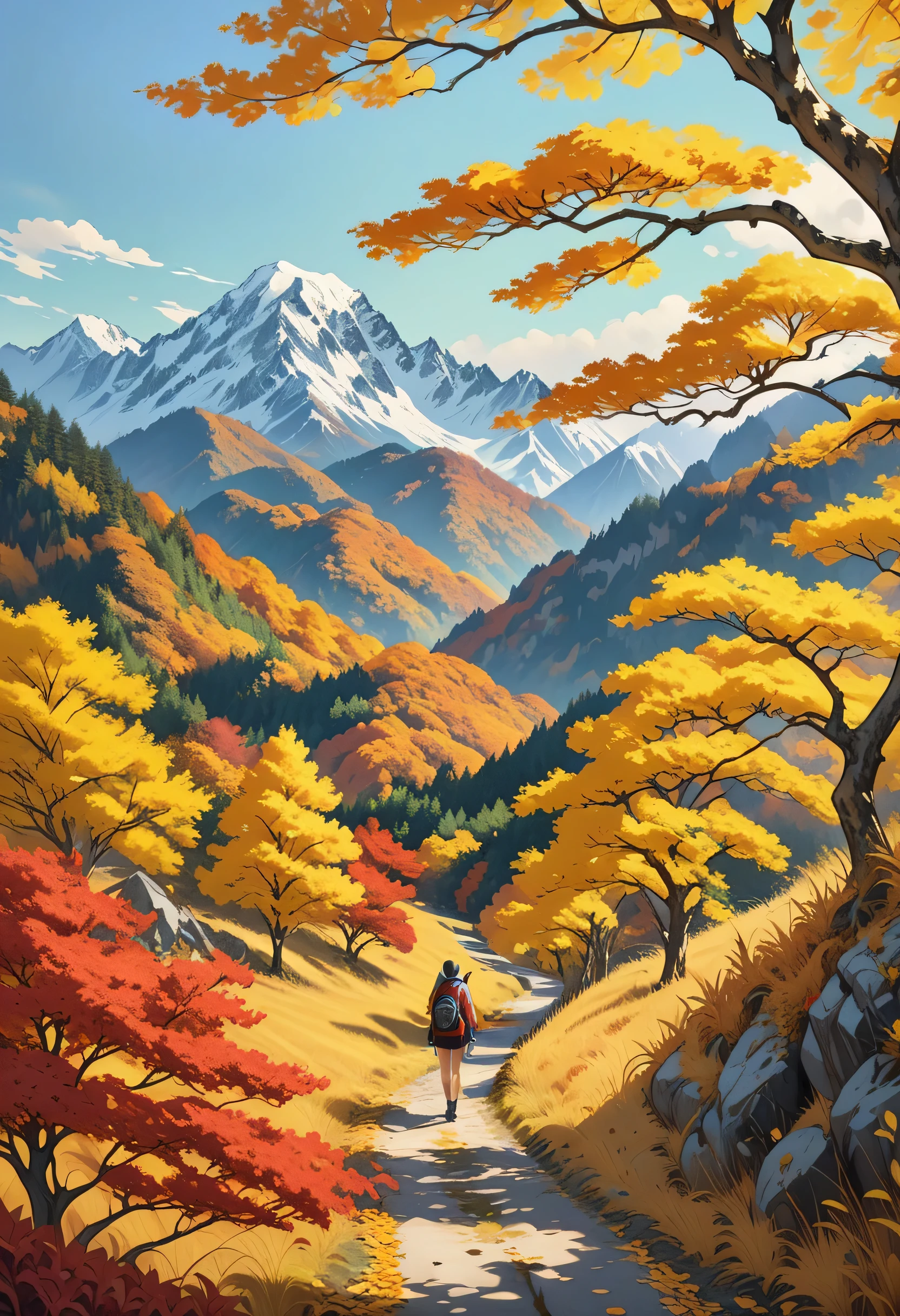 realistic anime art style, nature trees々Painting of a girl hiking through a lush mountain、The girl is painted small on the canvas、Green and yellow leaves、Autumn mountain scene、Distant mountains visible in the background々、Red or yellow autumn leaves、Masterpiece Painting、Highest quality、Composition with depth、Pop Art Style