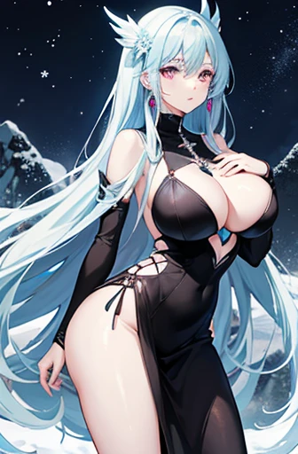 Anime, woman, long hair, pale blue hair, pink eyes, gently, earrings, big , wearing a black dress, beautiful, elegant, pure, fantasy, ice, snowflake, snow land,