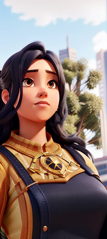 powerful woman. Long hair and hero outfit. future city background, dark skin and more similar to the original image