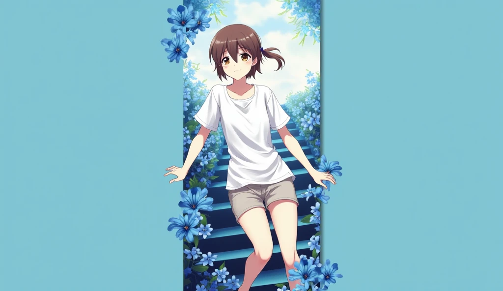 The image is a digital illustration of an anime-style character wearing a white shirt and shorts, standing on a staircase with blue flowers in the background.