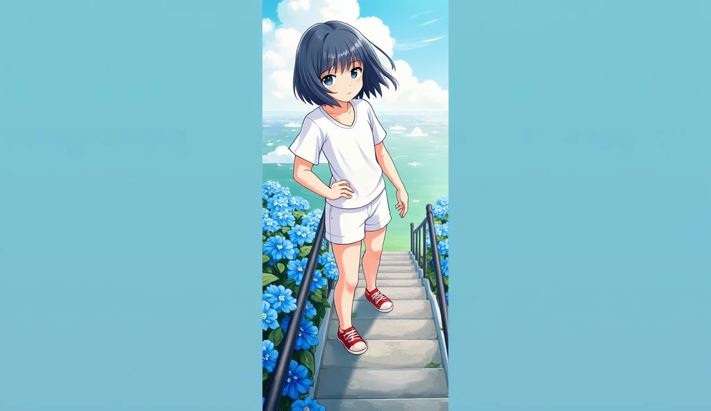 The image is a digital illustration of an anime-style character wearing a white shirt and shorts, standing on a staircase with blue flowers in the background.