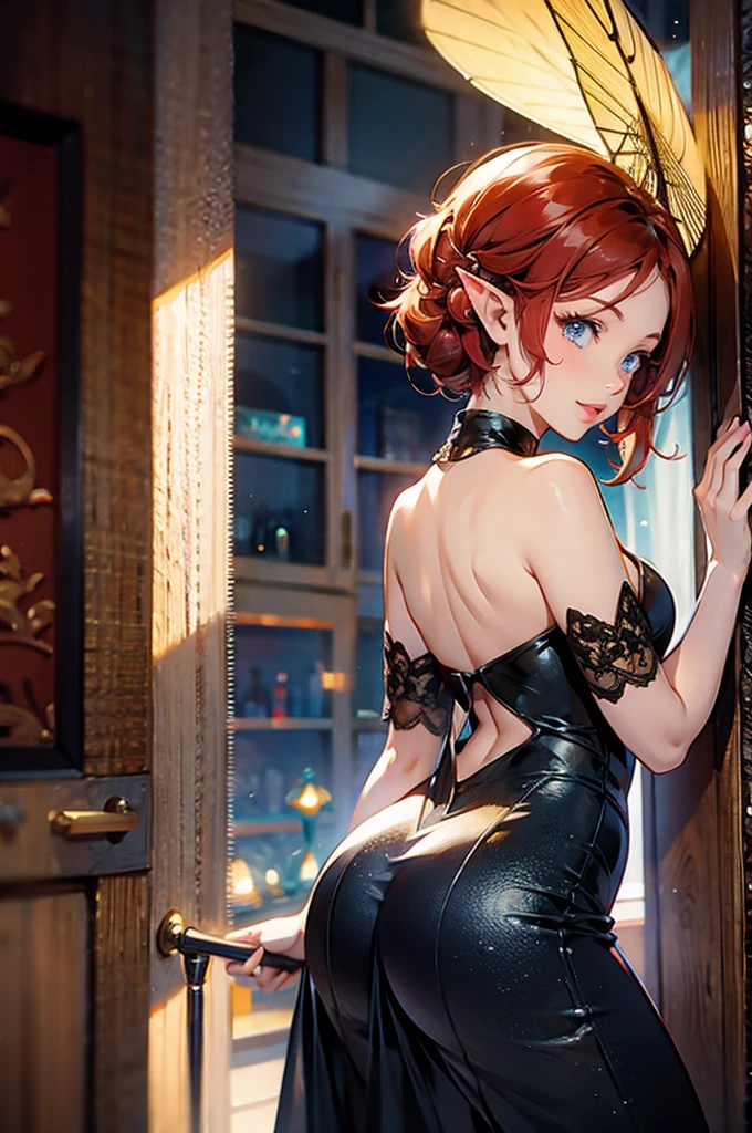 1girl, female elf, short red hair, blue eyes, curvy body, evening gown, black high heels, standing near balcony near lake, full pouty lips, lewd smile, pinup pose, back view, looking back at viewer longingly,