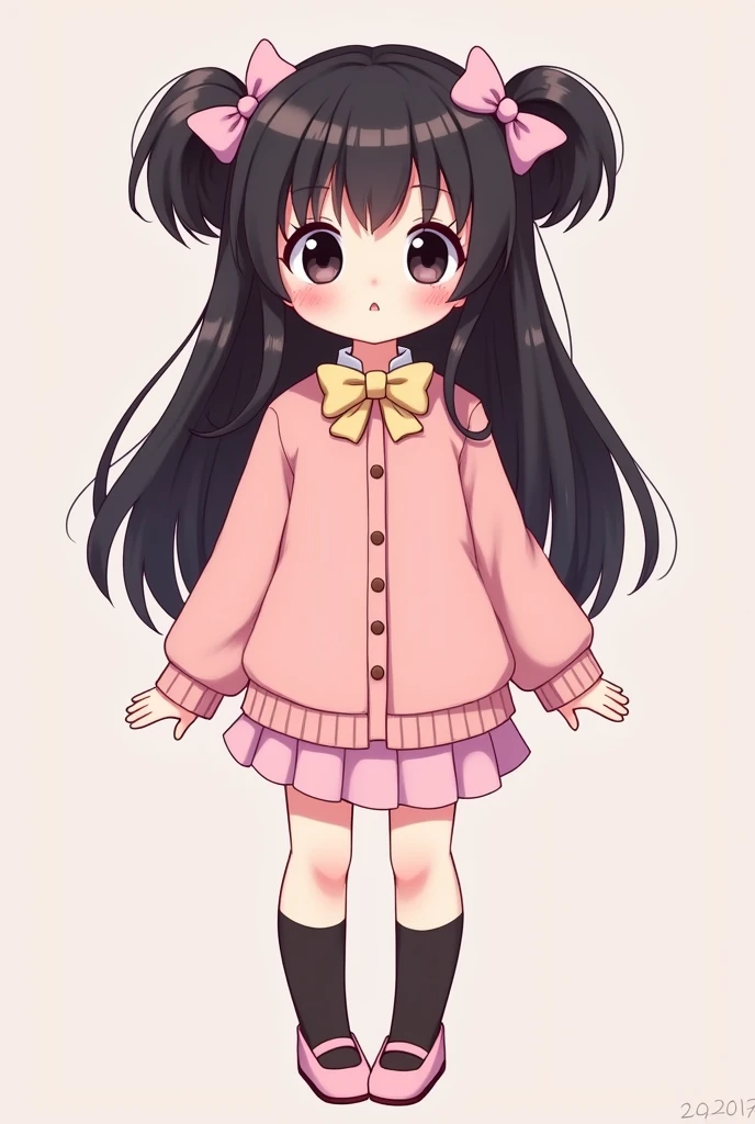 tạo hình ảnh cô gái cutecore này:
1. **Tóc**: Tóc đen, buộc thành hai chùm, mỗi chùm có cột nơ hồng.
2. **Mắt**: Đôi mắt đen, trông rất dễ thương.
3. **Trang phục**: Áo cardigan màu hồng với cột nơ vàng ở cổ áo. Váy ngắn màu hồng.
4. **Phụ kiện**: Mang leg warmer và giày dolly màu đen.