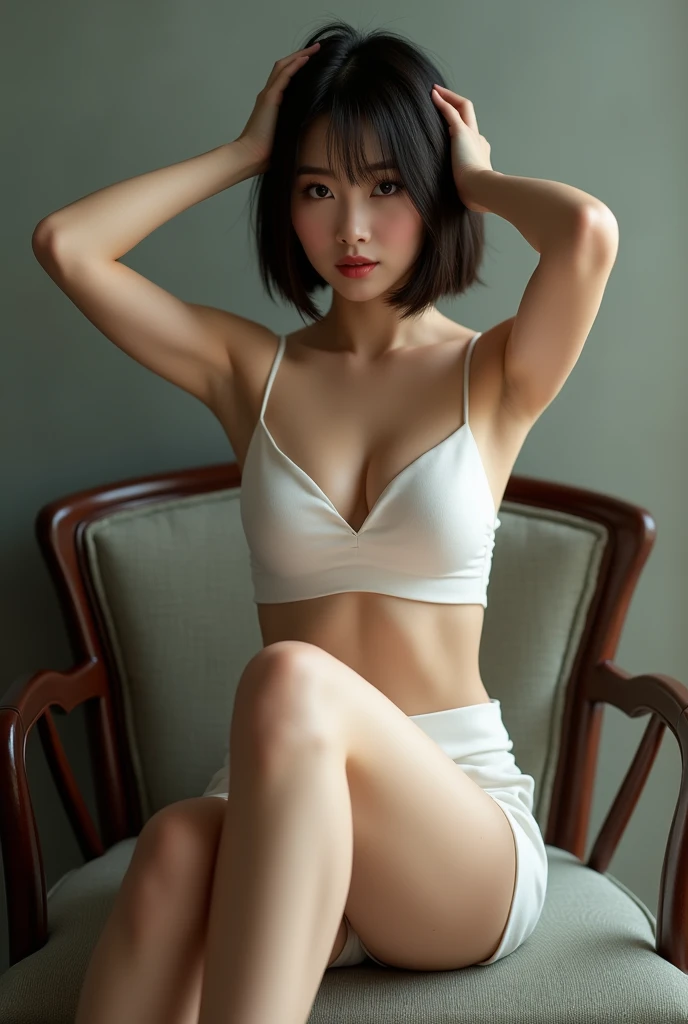 lifelike,Beauty on the chair,Wearing a white mini skirt,Chinese,Sexy,Legs open,The body is facing the picture,The focus is on the two thighs,White skin,short hair,Straight Hair,Put your hands on your head,Lift your feet up and touch your head,feet separate,Toes spread apart,Girl