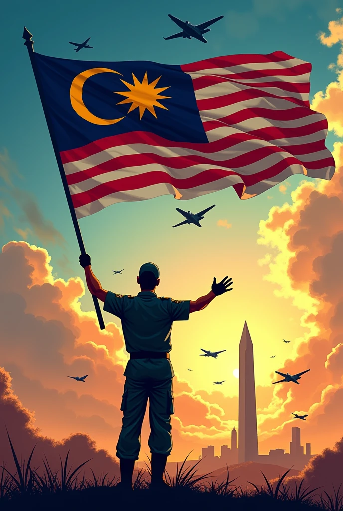 Independence theme poster "malaysia madani jiwa merdeka",atmosphere of war,flag of the glorious path, fighter jets,the color of the Malaysian flag,Malaysian army,National Monument, war of independence