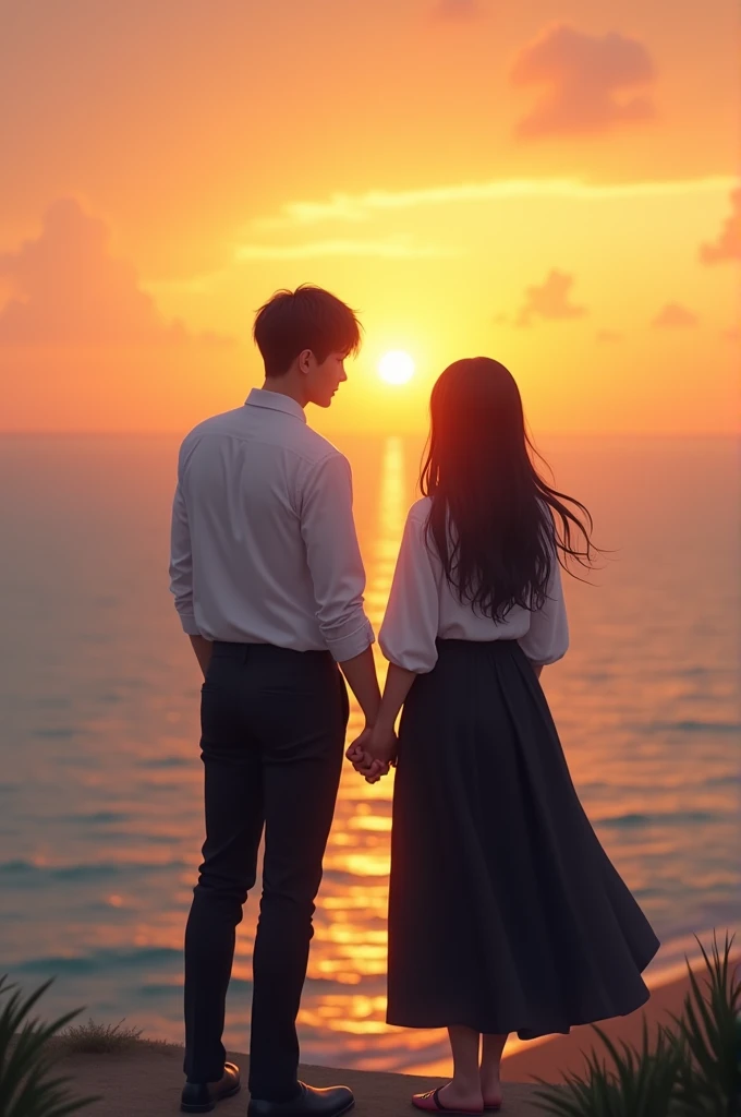 The back of a guy in a white shirt, black pants holding hands girl wearing white shirt and long black skirt. They are standing watching the sunrise on the sea. 