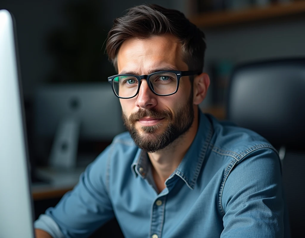 Create a portrait of a 44-year-old male professional with black hair, a three-day beard, and blue eyes. He is 176 cm tall, weighs 89 kg, and wears glasses for working on the computer. He has a background in computer engineering and works as a web developer and FullStack engineer. He is dressed in casual yet professional attire, with the focus on his upper body and face. The background should be neutral or slightly tech-inspired, making it suitable for a web portfolio. His expression is confident and focused, highlighting his expertise and dedication to technology. The overall style should be clean and modern, emphasizing his professionalism and technical skills.