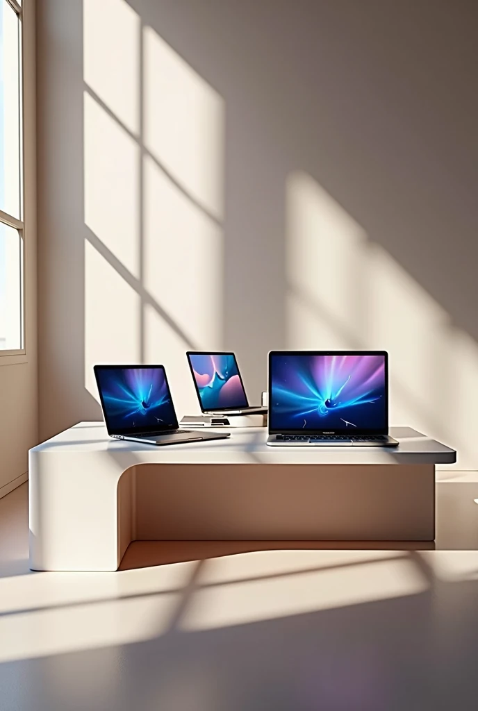 create a super realistic photo of a table with several macbooks