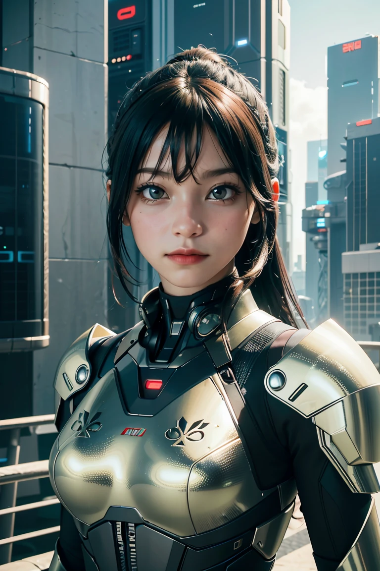 game art，Best picture quality，highest resolution，8ก，((half length photograph))，((Portrait))，(Third rule)，Unreal Engine 5 rendering works， (future girl)，(Female warrior)， 22 year old young hacker)，(ancient oriental hairstyle)，(Beautiful eyes full of details)，(big breasts)，(eyelid)，elegant and charming，indifferent，((frown))，(A battle suit filled with futuristic technology.，The outfit combines futuristic power armor and，The clothes are decorated with glittering patterns and symbols.)，Cyberpunk characters，In the form of the future， Posing for pictures，city background，lamp，Ray Tracing，CG game，((Real 3D engine))，OC rendering format