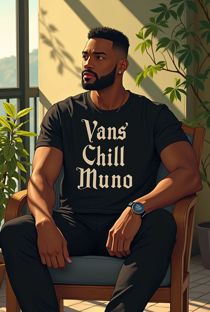 (photorealism:1.2), handsome gentlemen, brown skin, sitting on balcony, wearing black t shirt with a writing says Vans Chill Muno, vans long black pants, low fade, will Smith hair style, neat hair style, shaved beard style, police men
beard style, outdoors, soft lighting, plants in background, with view of sunlight, ccozy day, relaxed pose, realistic, intricate details, warm colors, by Greg Rutkowski, by Alphonse Mucha