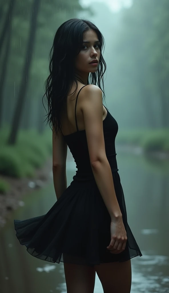 Realistic photo, low-angle, wide-angle , side view, dancing, beautiful Russian girl ,black hair, wearing a short black dress in heavy rain, wet, looking to camera, the background of the scene is slightly blurry and gray, forest, vague, vintage feel, analog,