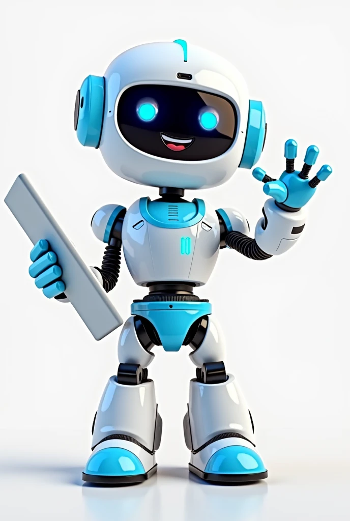 full body white and blue smiling friendly cute nerdy robot 3d character, one hand holding a keyboard, the other hand showing a welcome gesture, standing whitout background