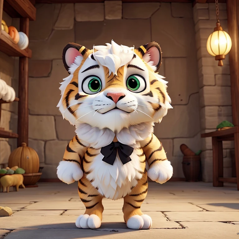 A kind tiger full body like, its fur like a white tiger, the head has sheep's horns, there is colorful fluttering hair between the ears, the body is like a goat, it likes to run and jump, the mascot design draft of the Chinese line drawing style