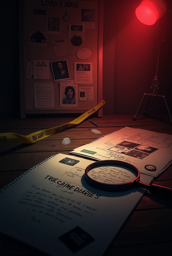 Design a dark and atmospheric banner for a true crime YouTube channel called 'True Crime Diaries.' The image should feature a dramatic, dimly lit crime scene, including elements like yellow crime scene tape, a magnifying glass over scattered documents, and a notebook or diary with pages slightly open, revealing scribbled notes or case files. Incorporate subtle symbols of investigation, such as fingerprints, shadowy figures, or a detective's board with connected clues and photos. Use a color palette of deep reds, blacks, and grays to create a sense of suspense and mystery. The text 'True Crime Diaries' should appear in a bold, clean font, subtly integrated into the scene, with a modern, polished look. Make sure the layout is optimized for a YouTube banner, ensuring important details are centered and not cut off