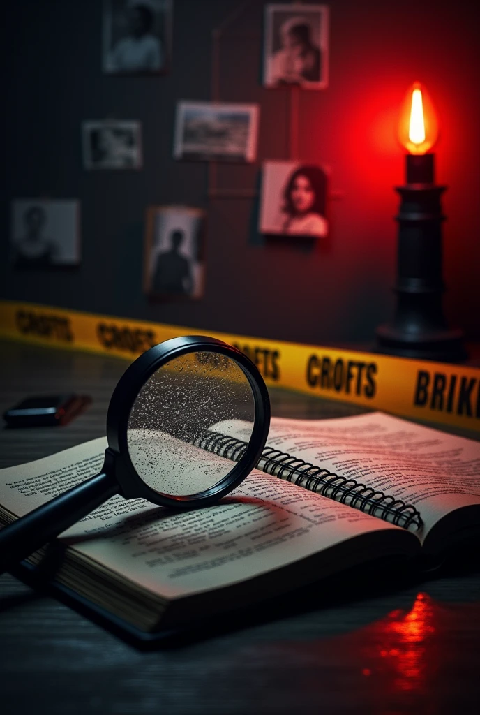 Design a dark and atmospheric banner for a true crime YouTube channel called 'True Crime Diaries.' The image should feature a dramatic, dimly lit crime scene, including elements like yellow crime scene tape, a magnifying glass over scattered documents, and a notebook or diary with pages slightly open, revealing scribbled notes or case files. Incorporate subtle symbols of investigation, such as fingerprints, shadowy figures, or a detective's board with connected clues and photos. Use a color palette of deep reds, blacks, and grays to create a sense of suspense and mystery. The text 'True Crime Diaries' should appear in a bold, clean font, subtly integrated into the scene, with a modern, polished look. Make sure the layout is optimized for a YouTube banner, ensuring important details are centered and not cut off