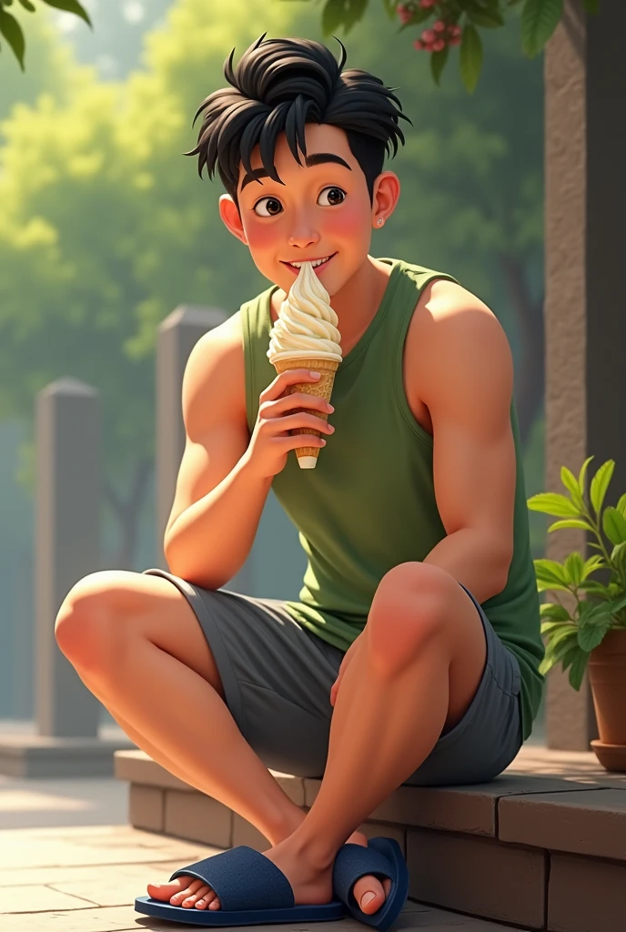 Young Vietnamese man in green tank top, grey shorts, navy blue slippers, sitting, eating ice cream